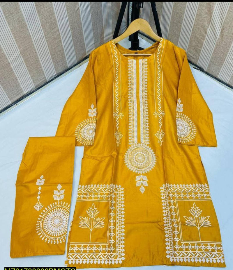 2 pc women stitched linen block printed suit